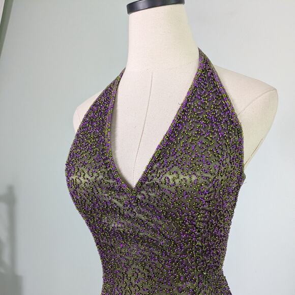 Je Matadi Prom Dress Maxi Gown 8 Purple Green Silk Bead Pageant Glam Train Y2K - Picture 4 of 16